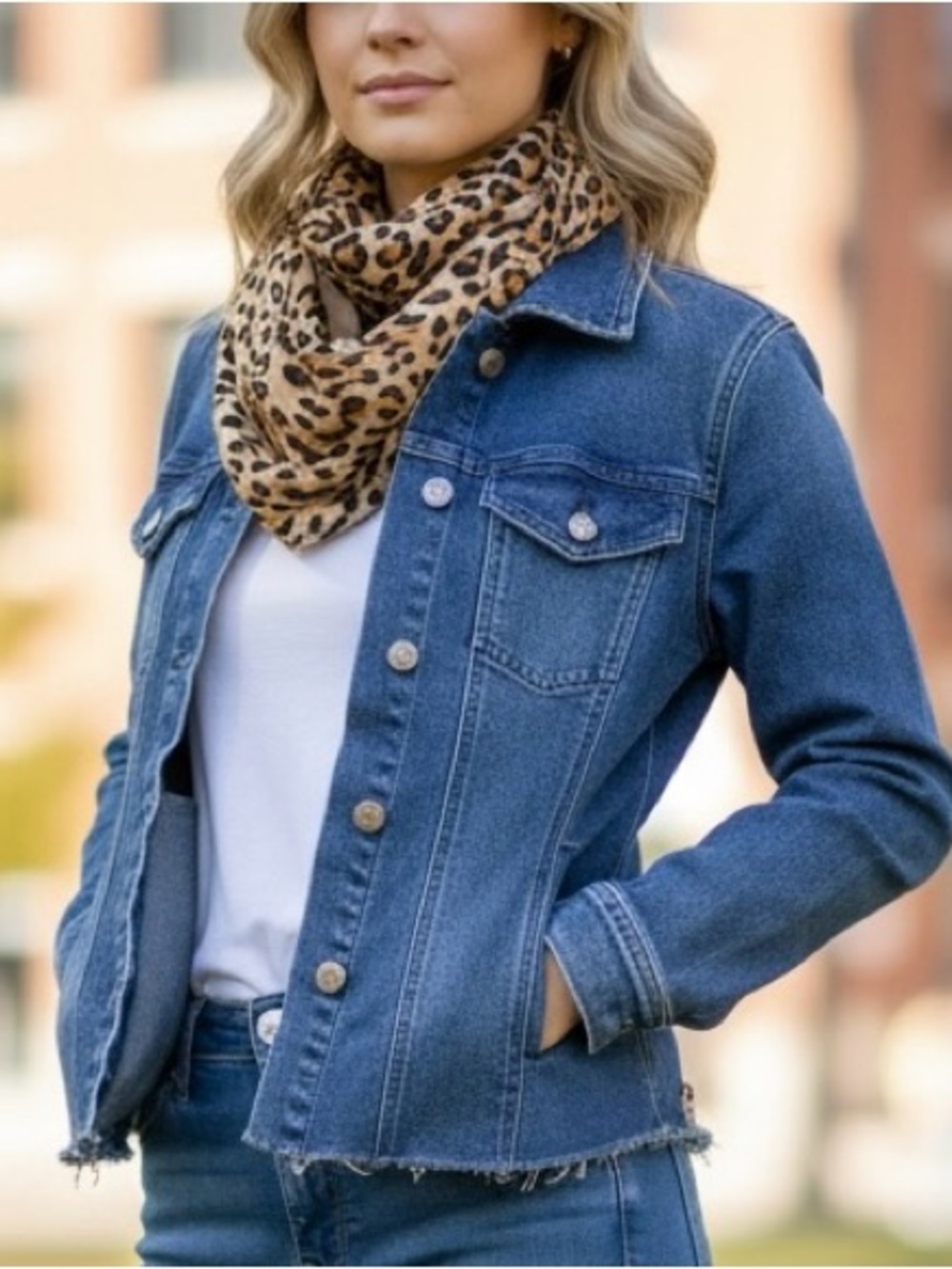 Sofia Vergara Peplum Dark Wash Denim Jacket Frayed Hem Large
